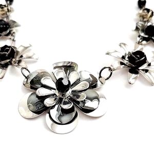 Vintage Silver Plated Black Flower Statement Chain Necklace & Earrings Set